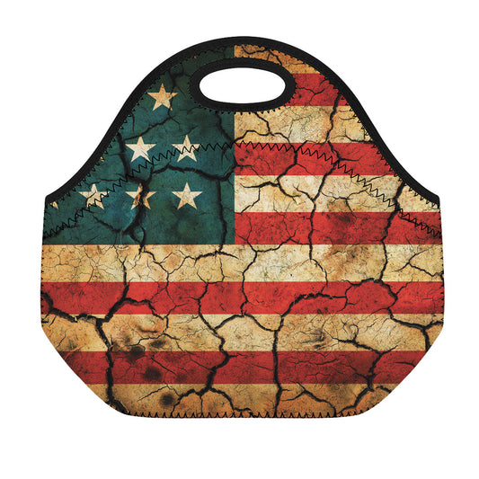 Cracked American Flag Print Neoprene Lunch Bag