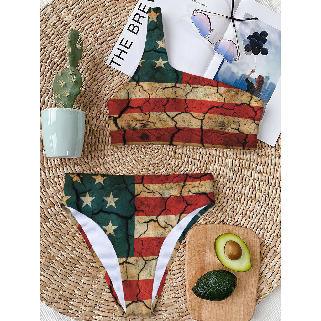 Cracked American Flag Print One Shoulder Bikini Top
