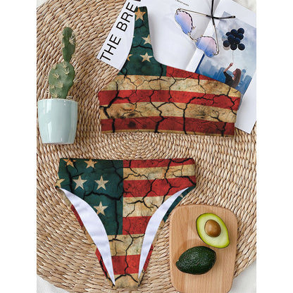 Cracked American Flag Print One Shoulder Bikini Top