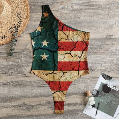 Cracked American Flag Print One Shoulder Bodysuit