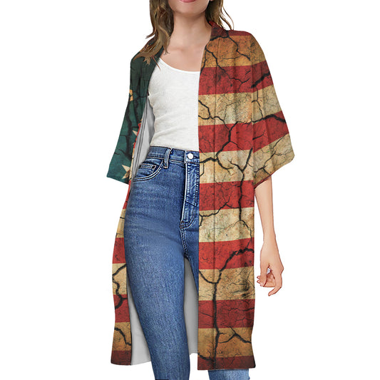 Cracked American Flag Print Open Front Beach Cover Up