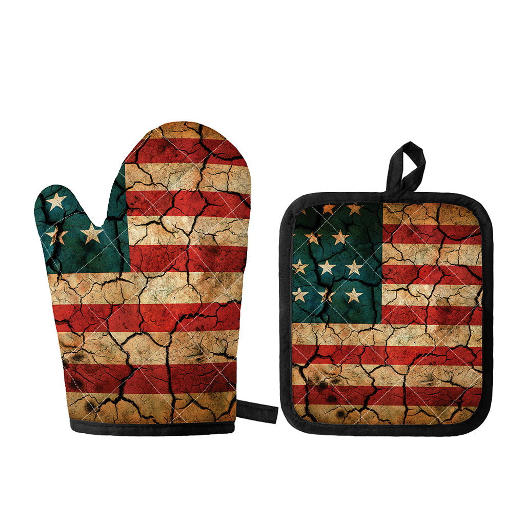 Cracked American Flag Print Oven Mitt And Pot Holder Set