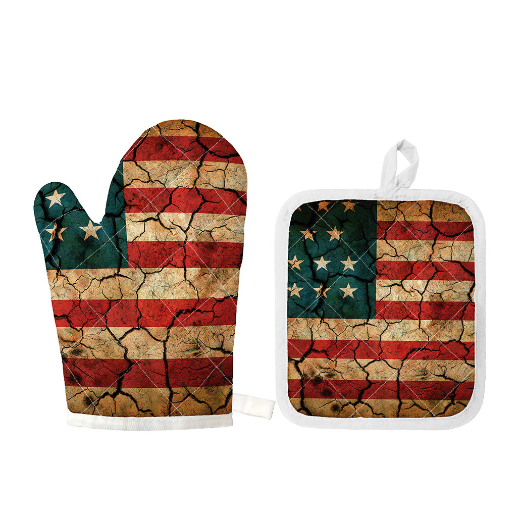 Cracked American Flag Print Oven Mitt And Pot Holder Set