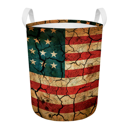 Cracked American Flag Print Round Laundry Basket
