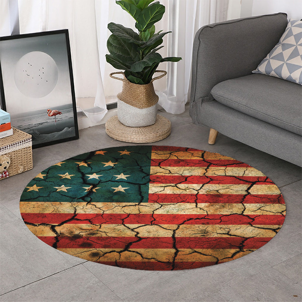 Cracked American Flag Print Round Rug