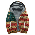 Cracked American Flag Print Sherpa Lined Zip Up Hoodie