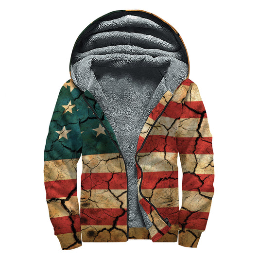 Cracked American Flag Print Sherpa Lined Zip Up Hoodie