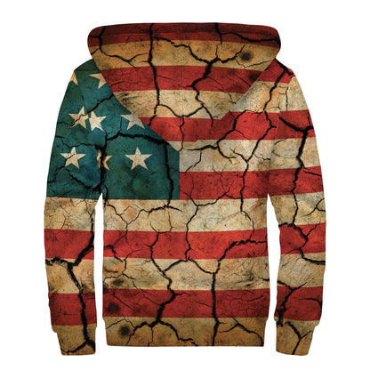 Cracked American Flag Print Sherpa Lined Zip Up Hoodie