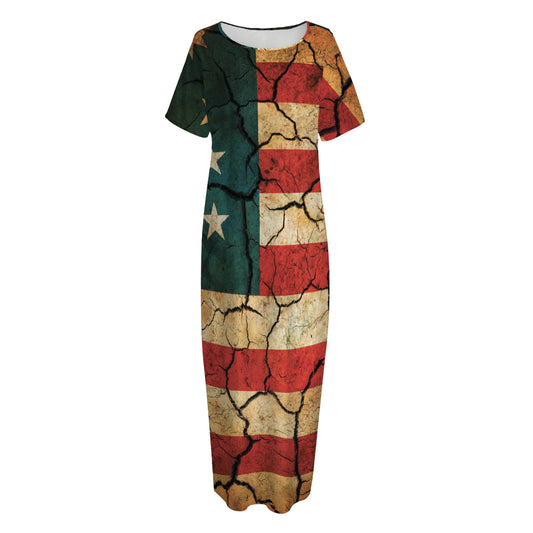 Cracked American Flag Print Short Sleeve Long Nightdress