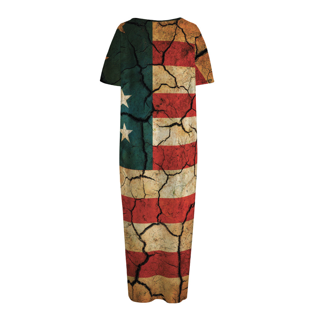 Cracked American Flag Print Short Sleeve Long Nightdress