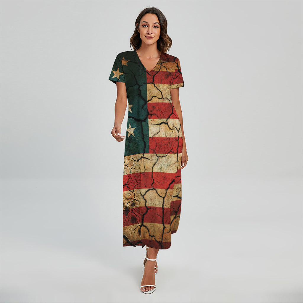 Cracked American Flag Print Short Sleeve Maxi Dress