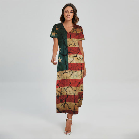 Cracked American Flag Print Short Sleeve Maxi Dress