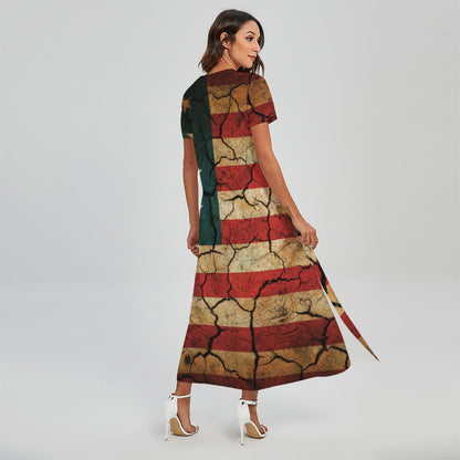 Cracked American Flag Print Short Sleeve Maxi Dress