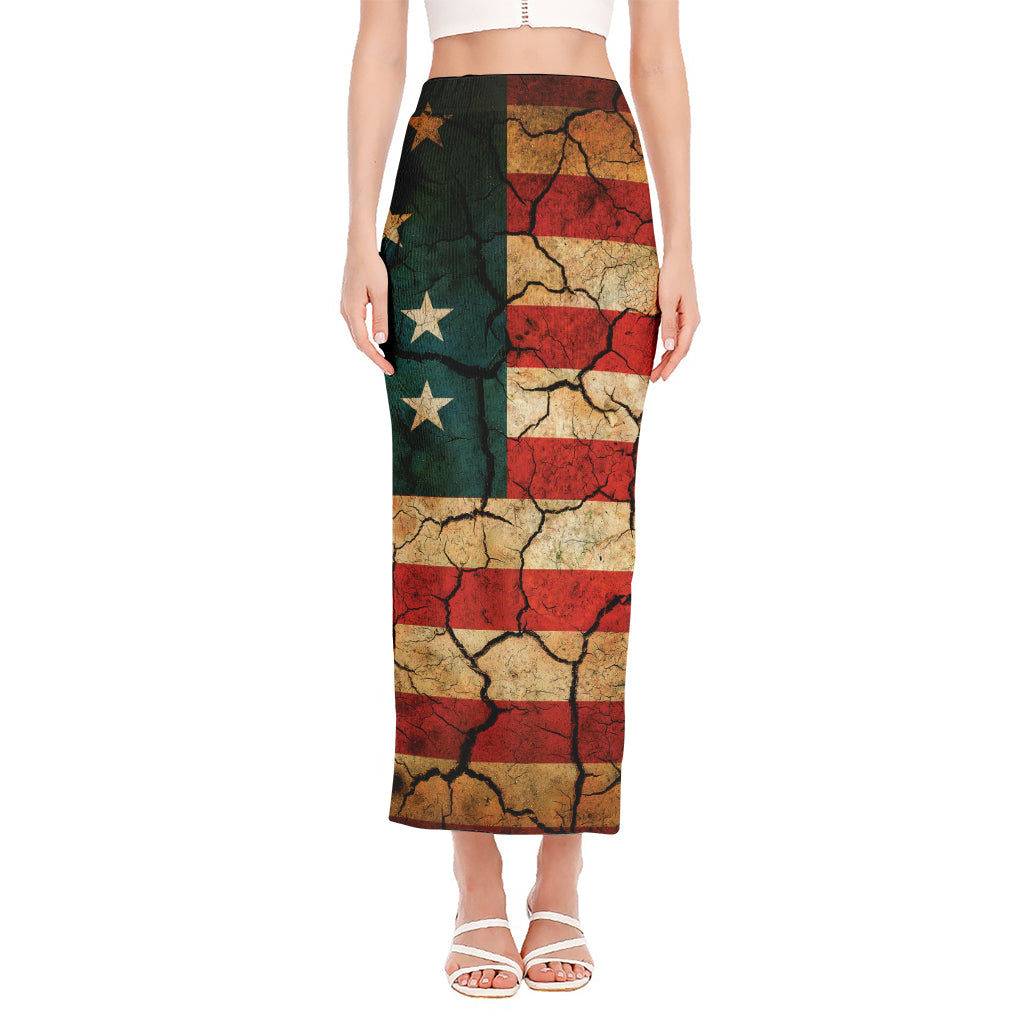 Cracked American Flag Print Side Slit Maxi Skirt