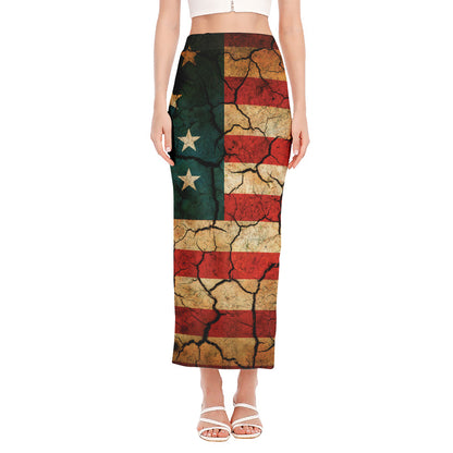 Cracked American Flag Print Side Slit Maxi Skirt