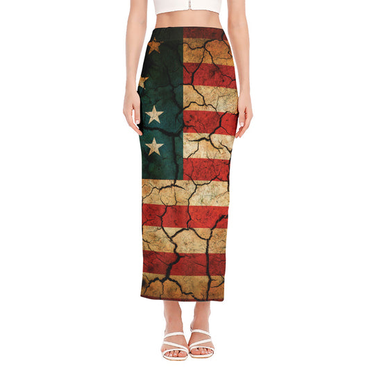 Cracked American Flag Print Side Slit Maxi Skirt