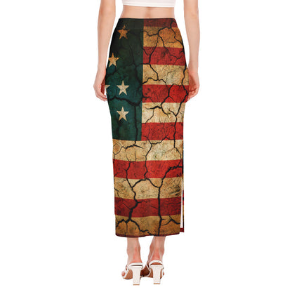 Cracked American Flag Print Side Slit Maxi Skirt