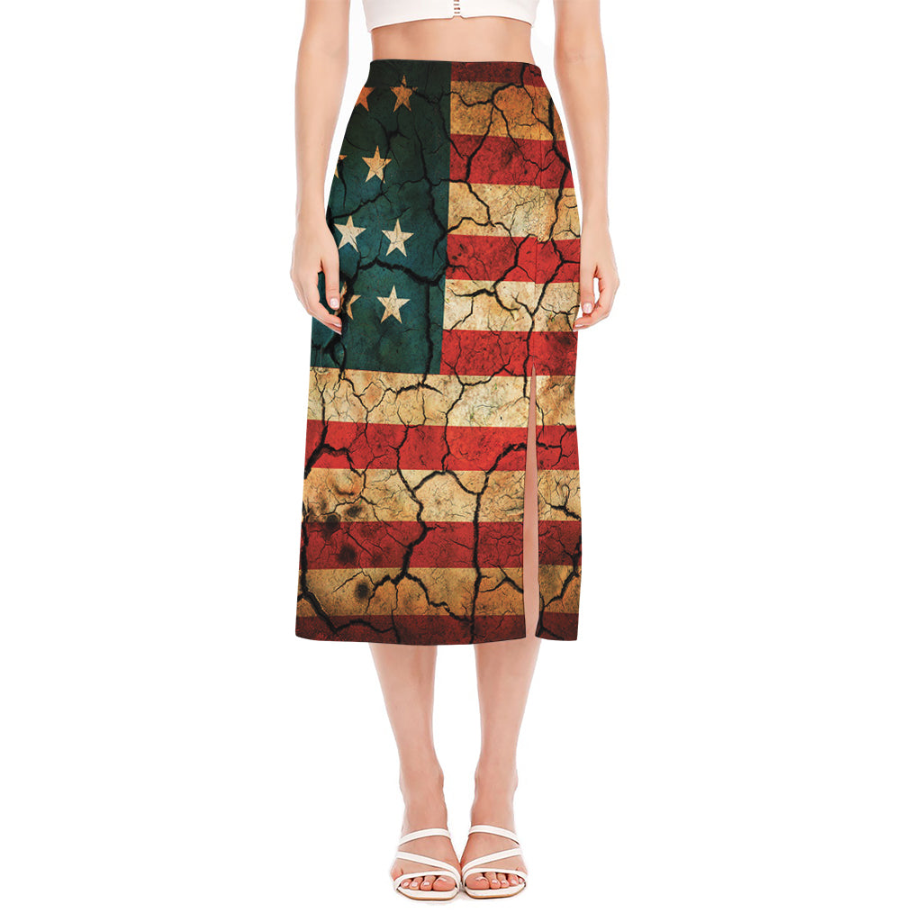 Cracked American Flag Print Side Slit Midi Skirt