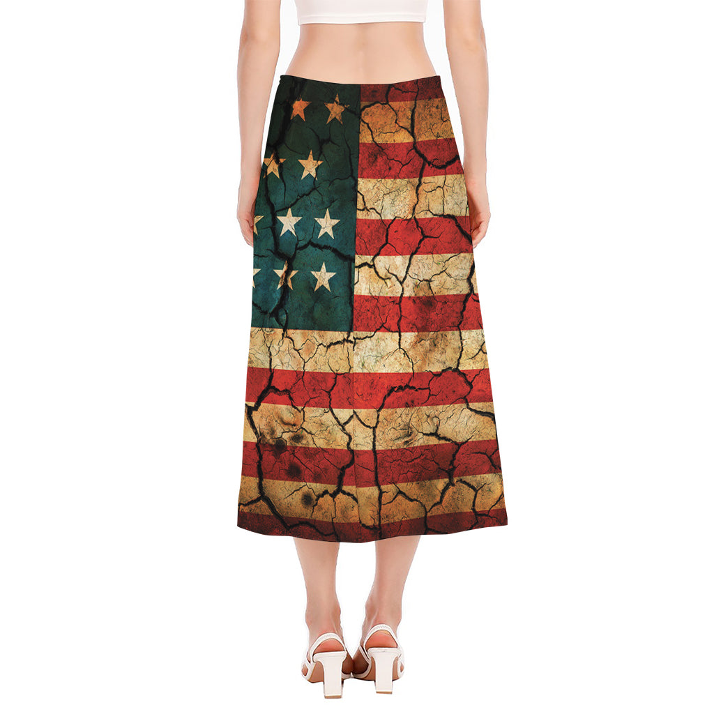 Cracked American Flag Print Side Slit Midi Skirt