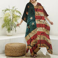 Cracked American Flag Print Silk V-Neck Kaftan Dress