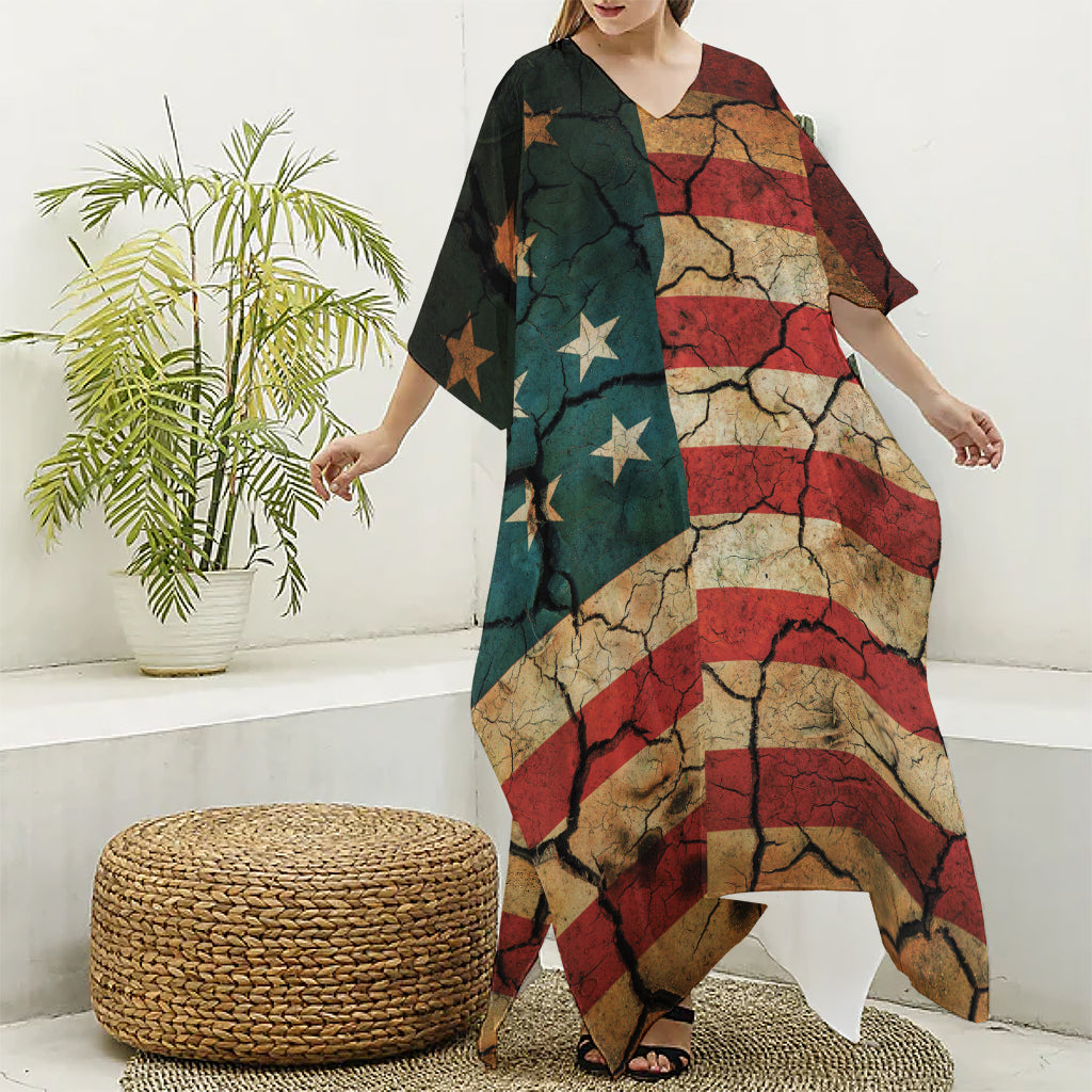 Cracked American Flag Print Silk V-Neck Kaftan Dress