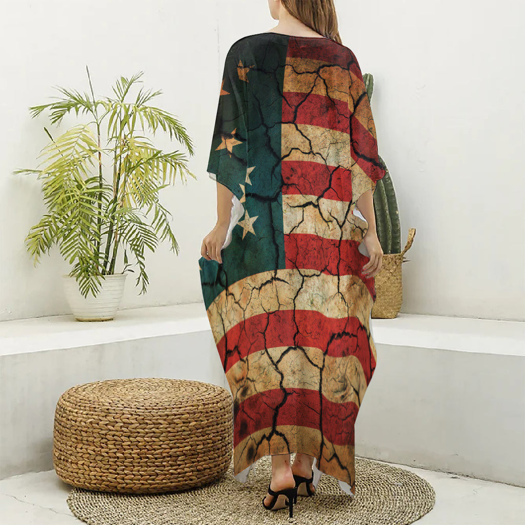 Cracked American Flag Print Silk V-Neck Kaftan Dress