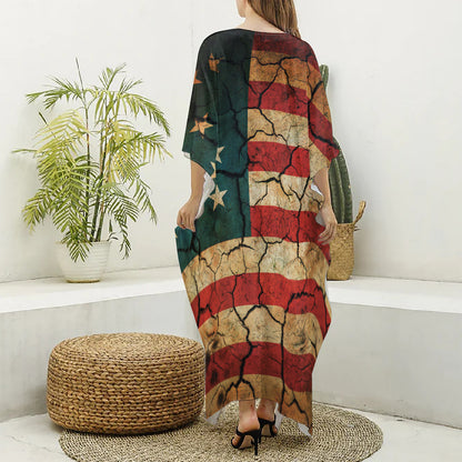Cracked American Flag Print Silk V-Neck Kaftan Dress