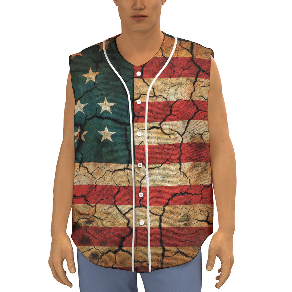 Cracked American Flag Print Sleeveless Baseball Jersey