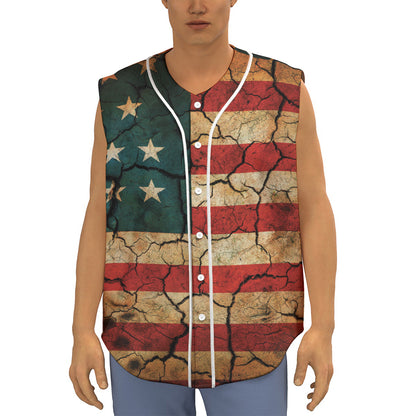Cracked American Flag Print Sleeveless Baseball Jersey