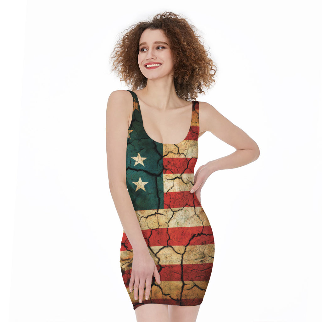 Cracked American Flag Print Sleeveless Bodycon Dress