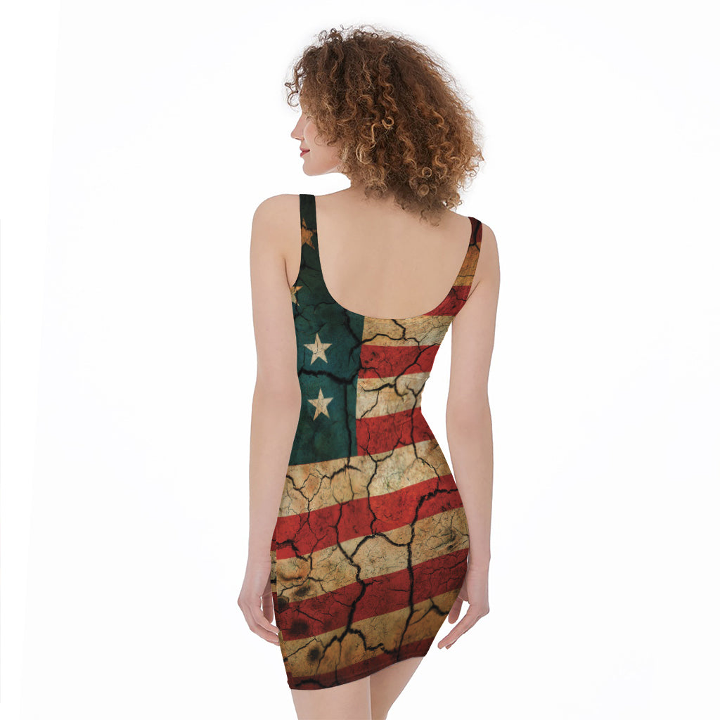 Cracked American Flag Print Sleeveless Bodycon Dress