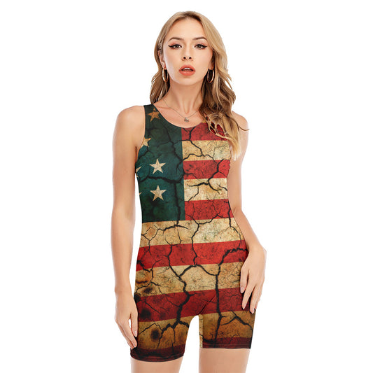 Cracked American Flag Print Sleeveless One Piece Swimsuit