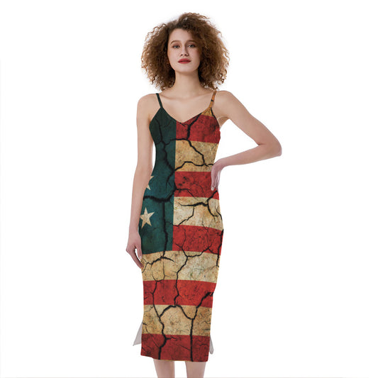 Cracked American Flag Print Slim Fit Midi Cami Dress