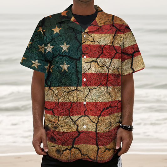 Cracked American Flag Print Textured Short Sleeve Shirt