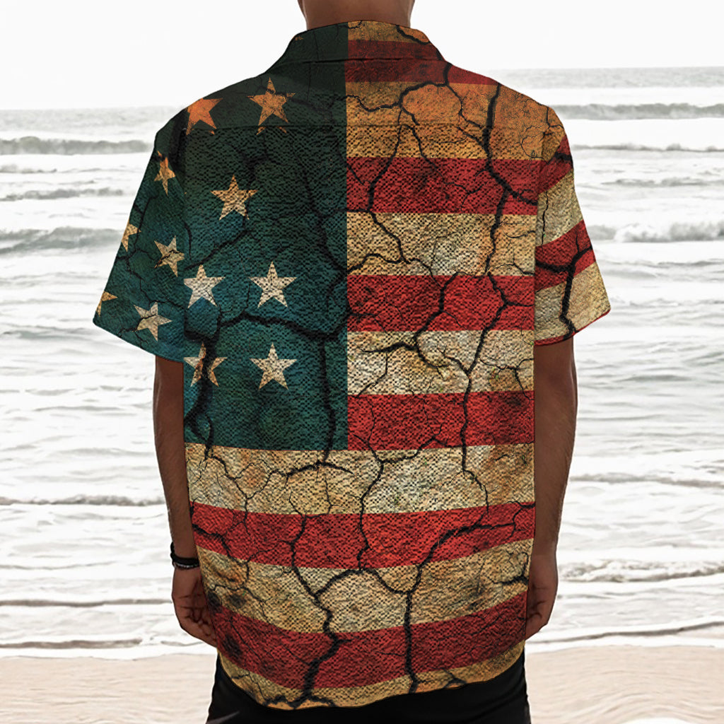 Cracked American Flag Print Textured Short Sleeve Shirt