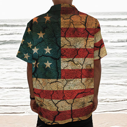 Cracked American Flag Print Textured Short Sleeve Shirt