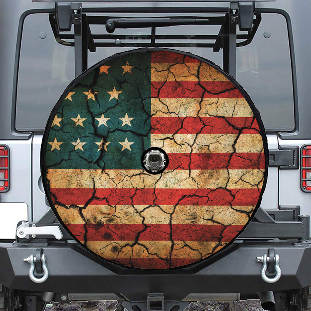 Cracked American Flag Print Tire Cover With Camera Hole