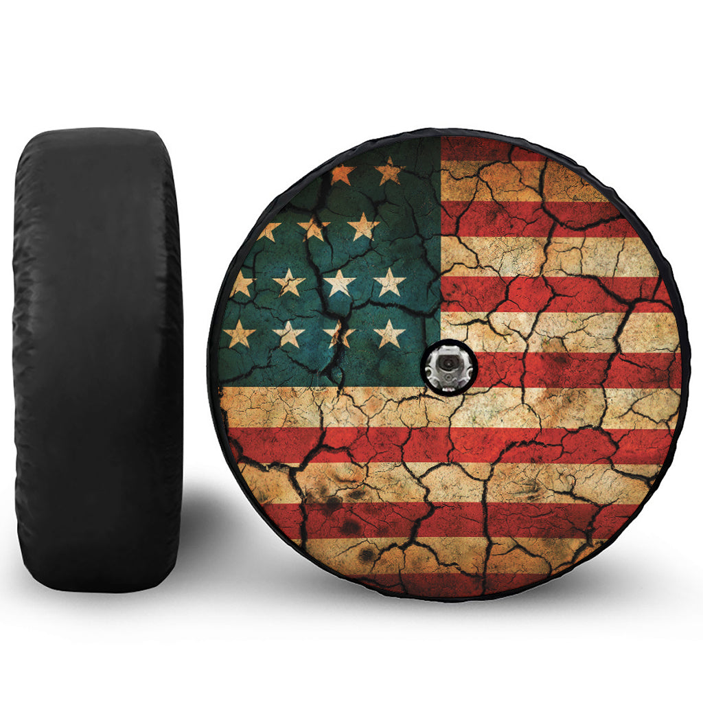 Cracked American Flag Print Tire Cover With Camera Hole