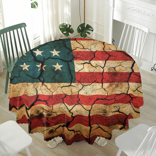 Cracked American Flag Print Waterproof Round Tablecloth