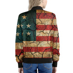 Cracked American Flag Print Women's Bomber Jacket