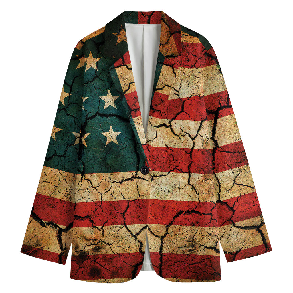 Cracked American Flag Print Women's Cotton Blazer
