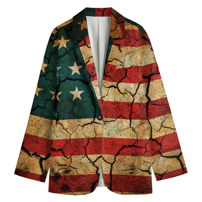 Cracked American Flag Print Women's Cotton Blazer