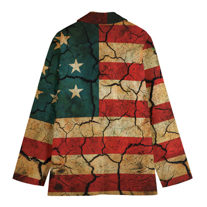 Cracked American Flag Print Women's Cotton Blazer