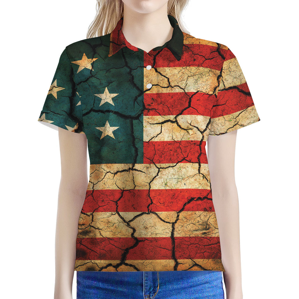 Cracked American Flag Print Women's Polo Shirt