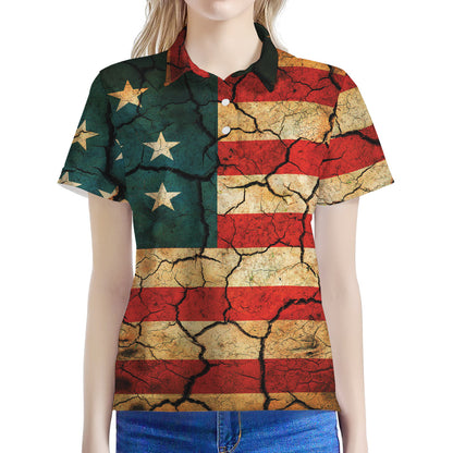 Cracked American Flag Print Women's Polo Shirt