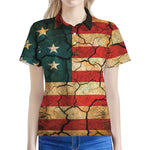 Cracked American Flag Print Women's Polo Shirt