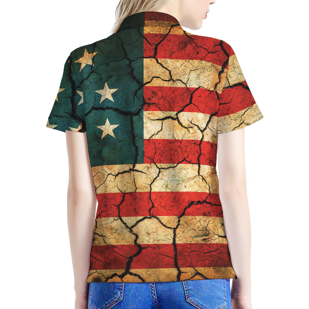 Cracked American Flag Print Women's Polo Shirt