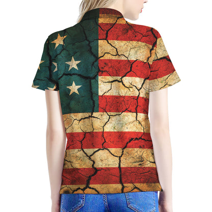 Cracked American Flag Print Women's Polo Shirt