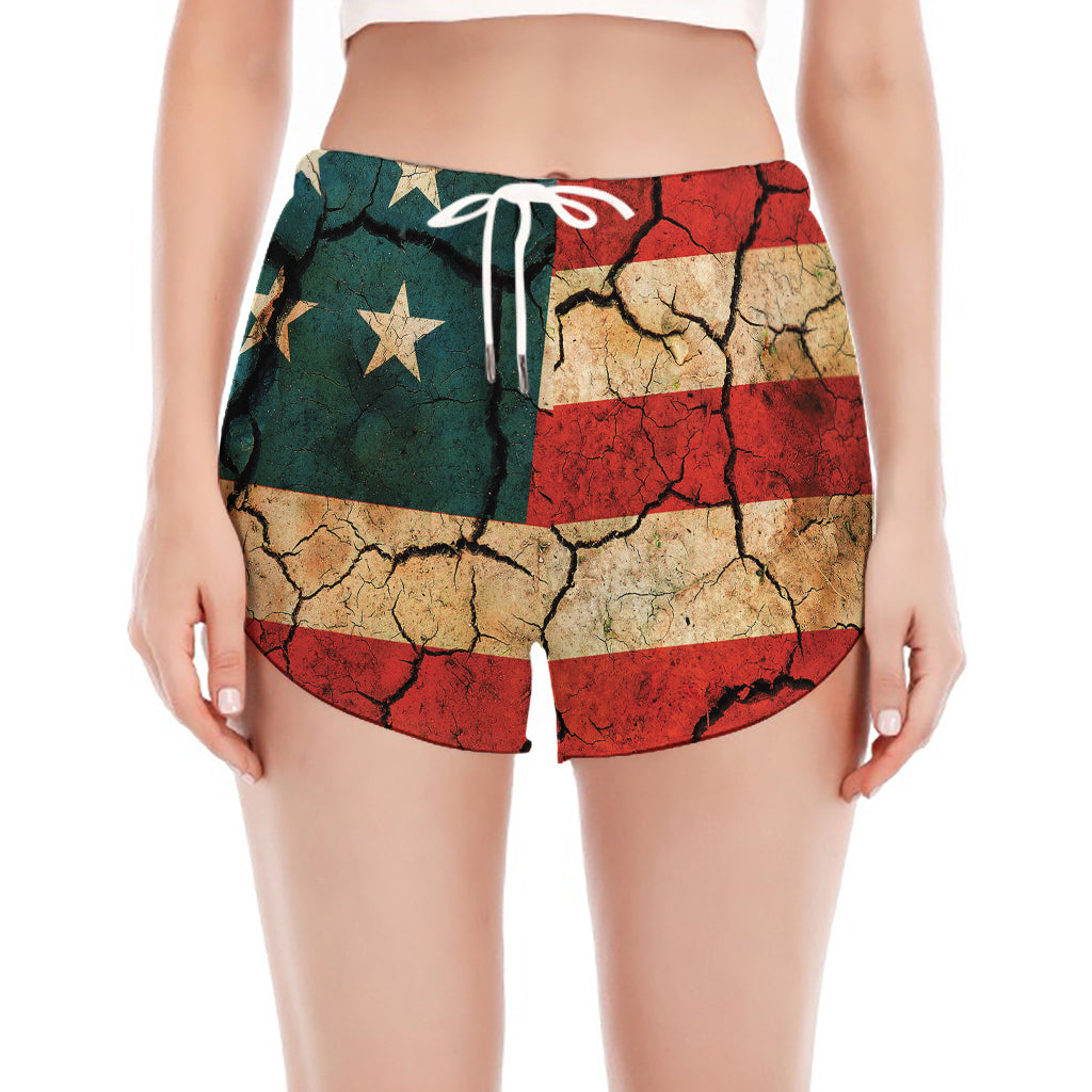 Cracked American Flag Print Women's Split Running Shorts