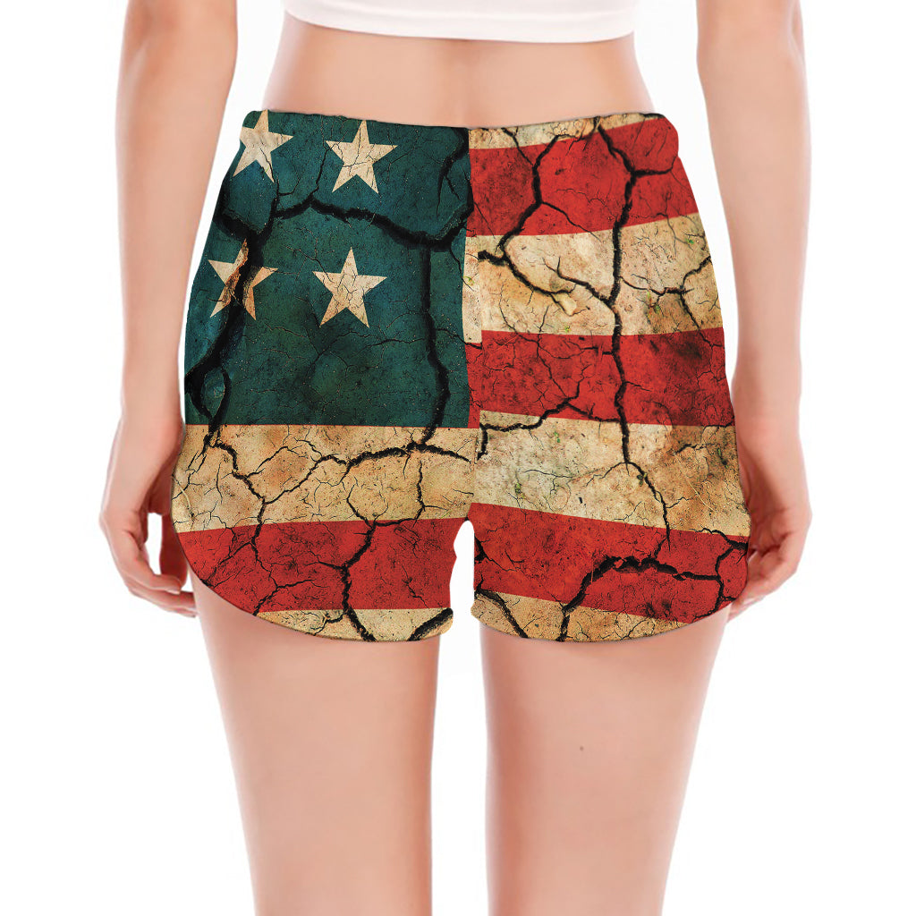 Cracked American Flag Print Women's Split Running Shorts